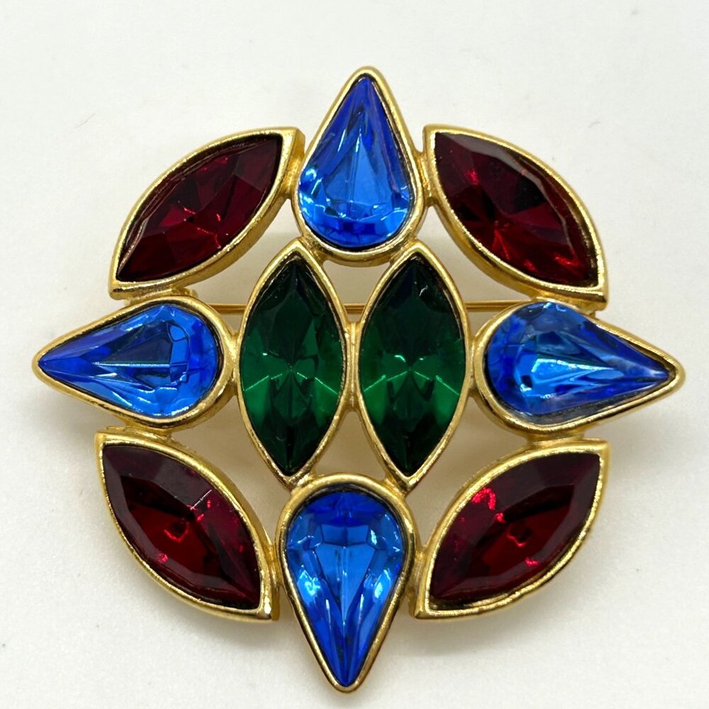 Vintage Gold Tone Multi-Color Brooch Pin Jewel Colored Rhinestone Statement 1990 - Picture 1 of 12